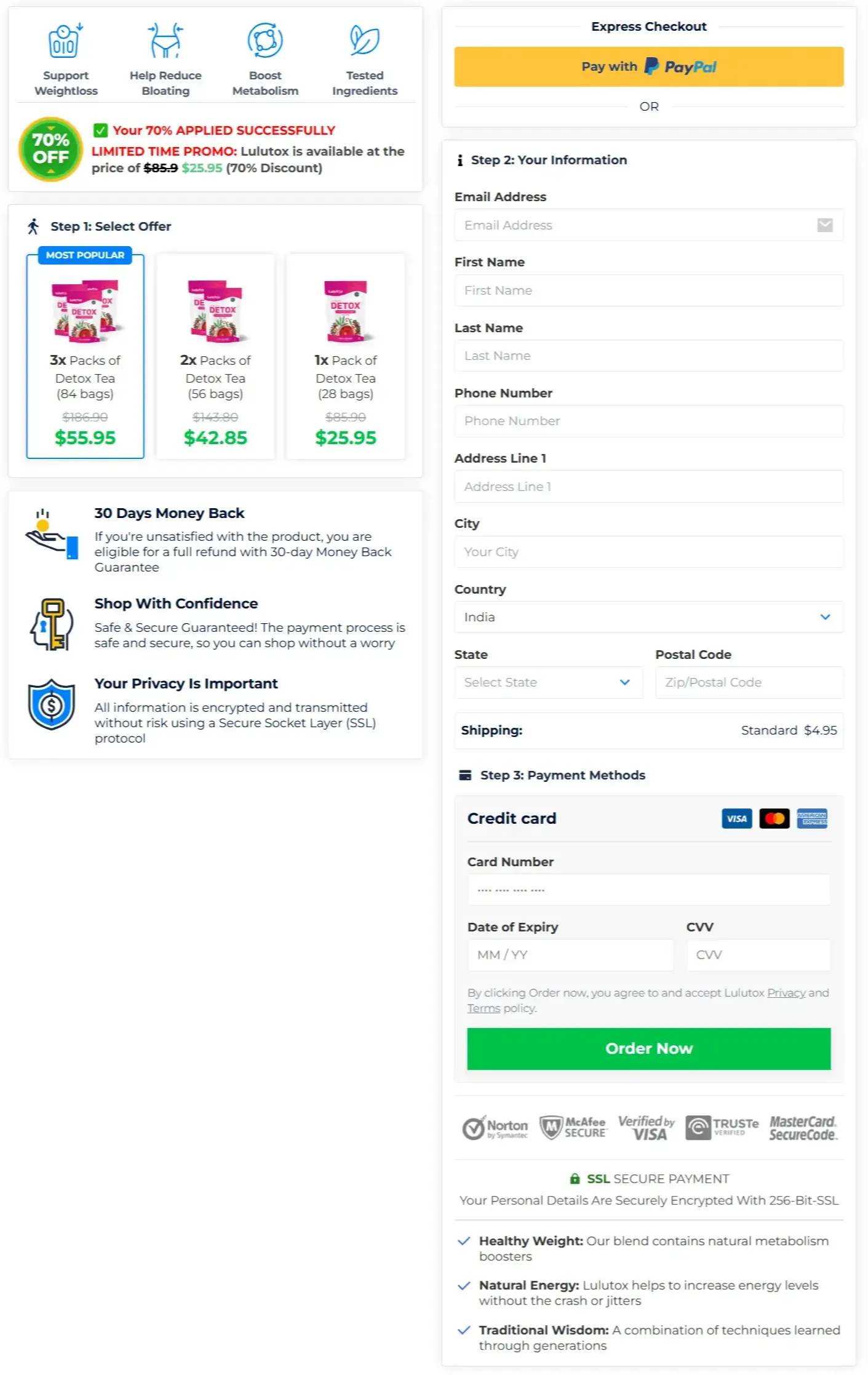 lulutox detox tea checkout page